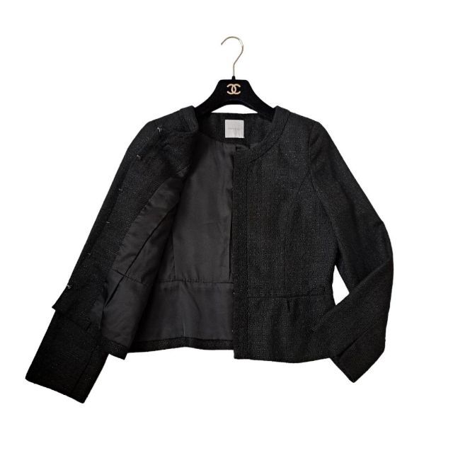 美品 オペークドットクリップ ノーカラージャケット ツイード 黒 ブラック L 2