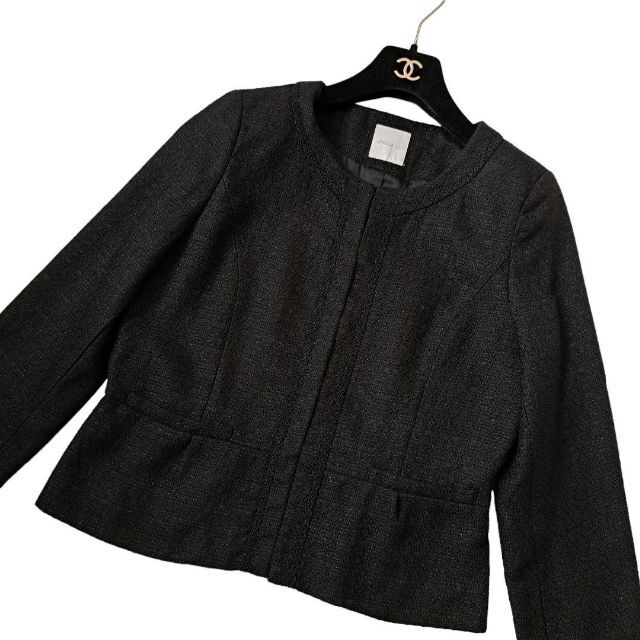 美品 オペークドットクリップ ノーカラージャケット ツイード 黒 ブラック L 3