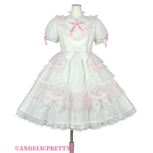 Angelic Pretty(アンジェリックプリティー)のAngelicPretty トッピングハート OPKC 白×ピンク レディースのワンピース(ひざ丈ワンピース)の商品写真