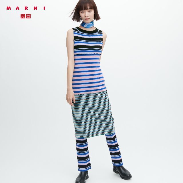 UNIQLO(ユニクロ)のユニクロ MARNI メリノブレンドリブボーダーセミフレアニットパンツ（丈標準) レディースのパンツ(カジュアルパンツ)の商品写真