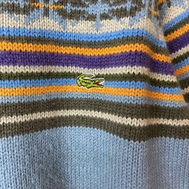 人気ボーダー、マルチカラー】LACOSTEワンポイント刺繍ロゴ古着ニットL-