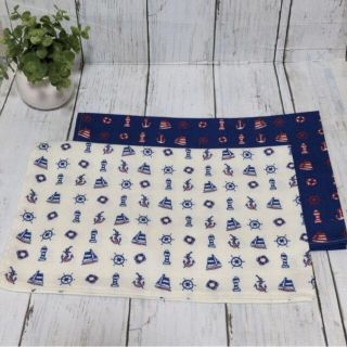ハンドメイド　ランチョンマット　　40×60　マリン　いかり　青　白　　2枚(ランチボックス巾着)