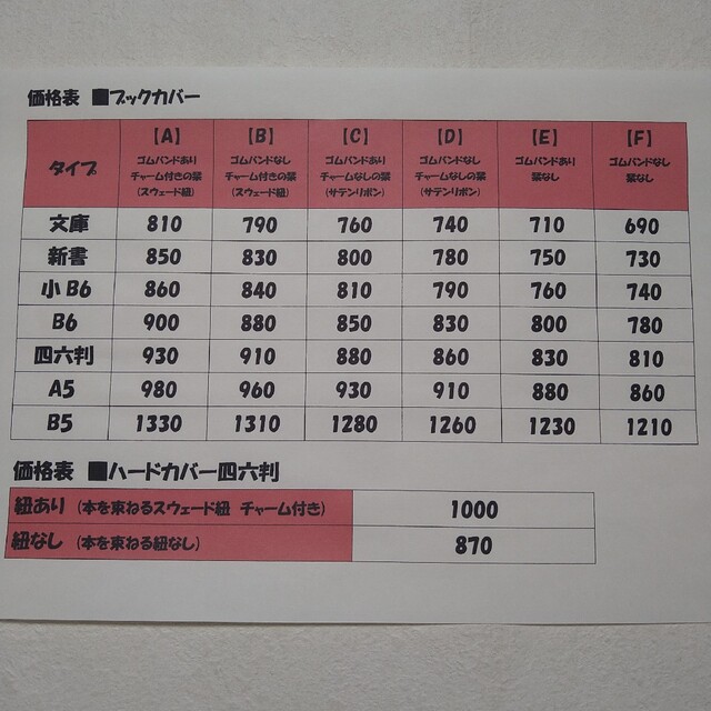 オーダー価格表