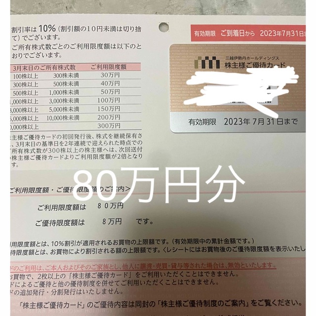 三越伊勢丹　株主優待カード　限度額80万円分 チケットの優待券/割引券(ショッピング)の商品写真