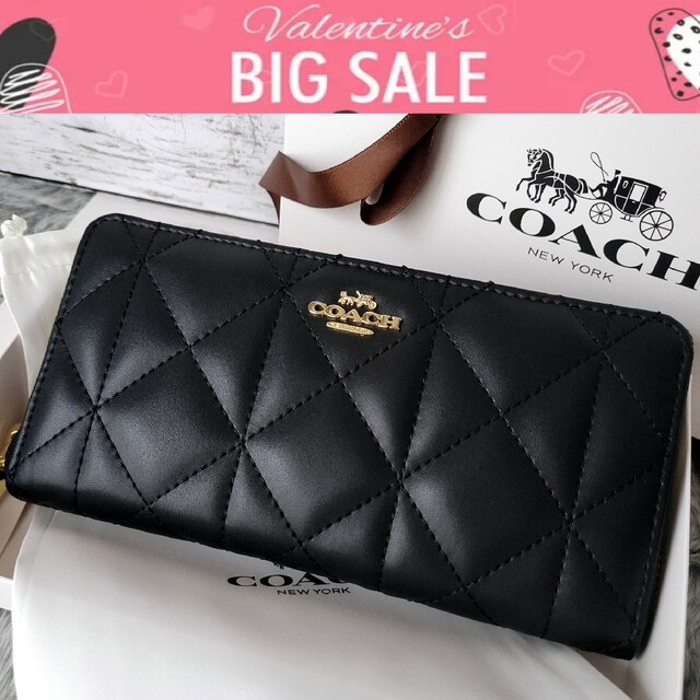 【箱袋不要】COACH コーチ 長財布 キルティング レザー ブラック 黒レディース