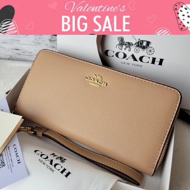 【新品未使用】COACH コーチ 長財布 レザー ストラップ トープ ベージュファッション小物