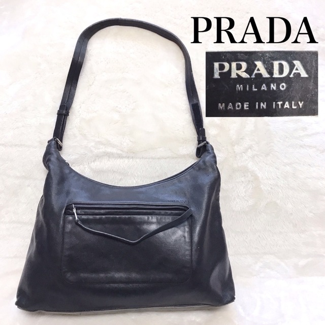 希少 PRADA プラダ ヴィンテージ オールレザー ショルダーバッグ ブラック-