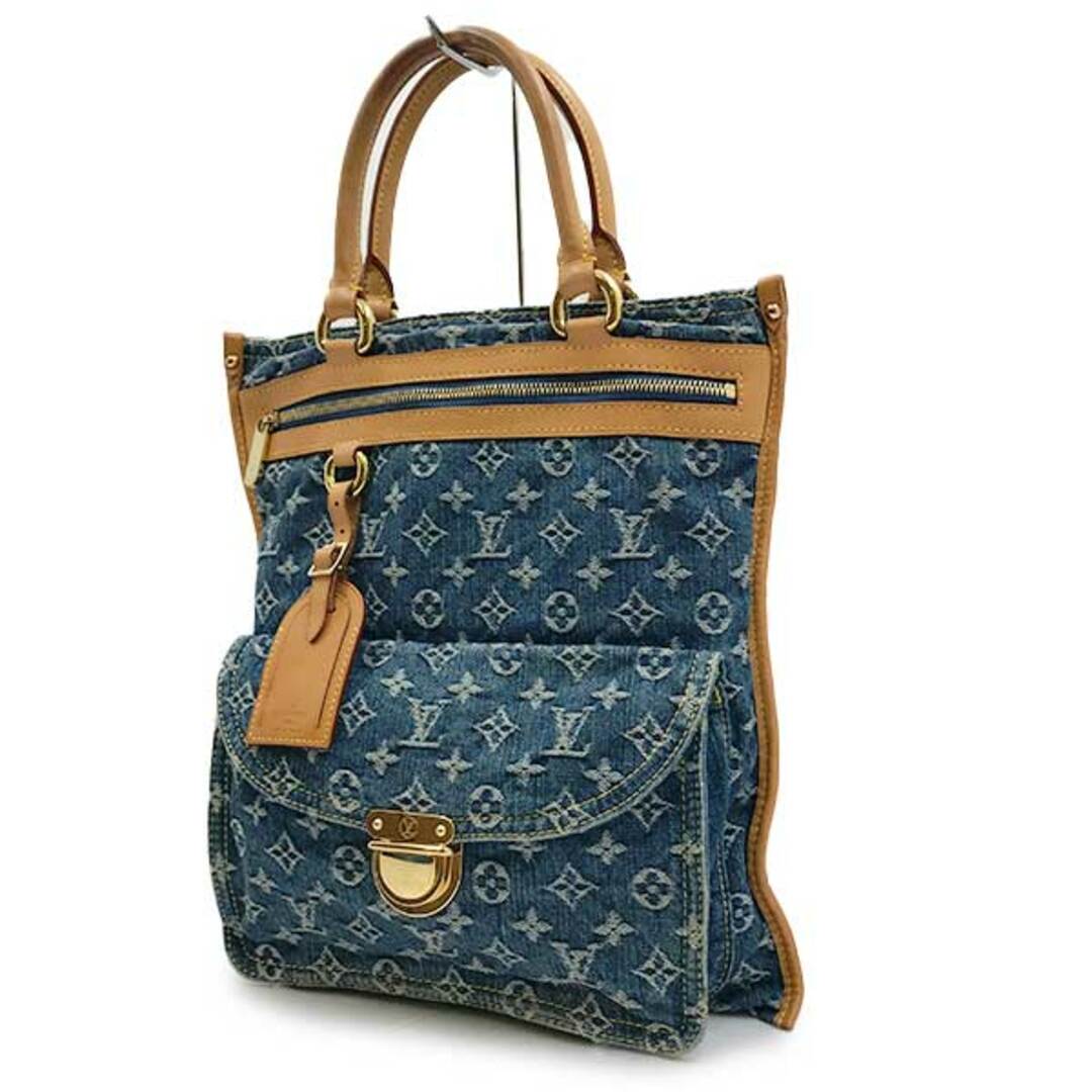 中美品 LOUIS VUITTON ルイ・ヴィトン フラットショッパー モノグラム デニム トートバッグ ハンドバッグ ブルー レディース ファッション M95018 USED小キズファスナー部分