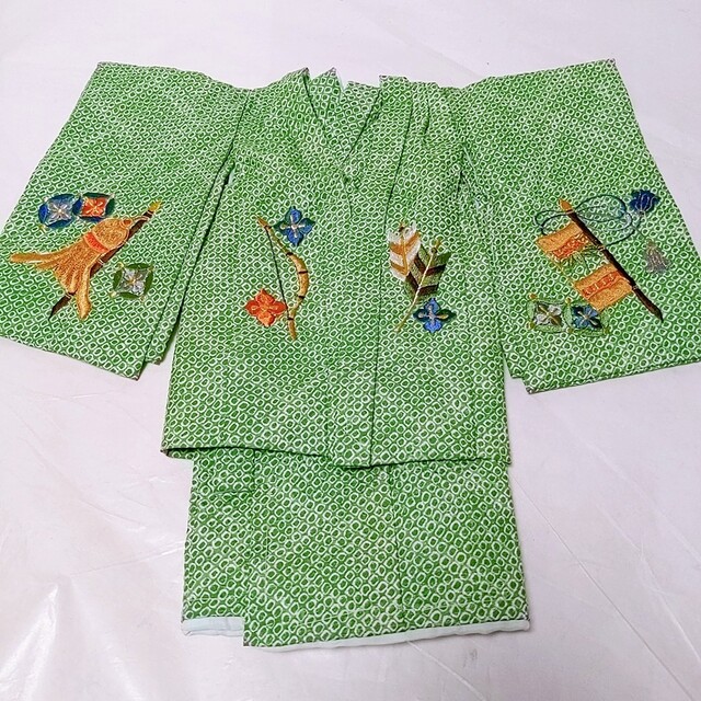 市松人形用 男の子 着物 羽織り 総刺繍 緑 兜 弓矢 金糸 しぼり ひな祭り