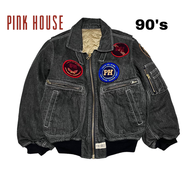 【PINK HOUSE】希少 ワッペン総柄 ゼッケンデニムジャケット MA-1 | フリマアプリ ラクマ