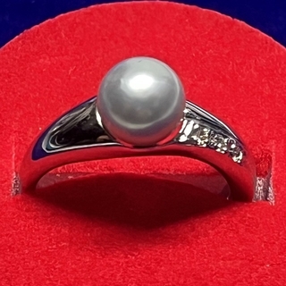良品/シルバーグレー1粒本真珠&3粒天然ダイヤモンド リング/12号/シルバー製(リング(指輪))
