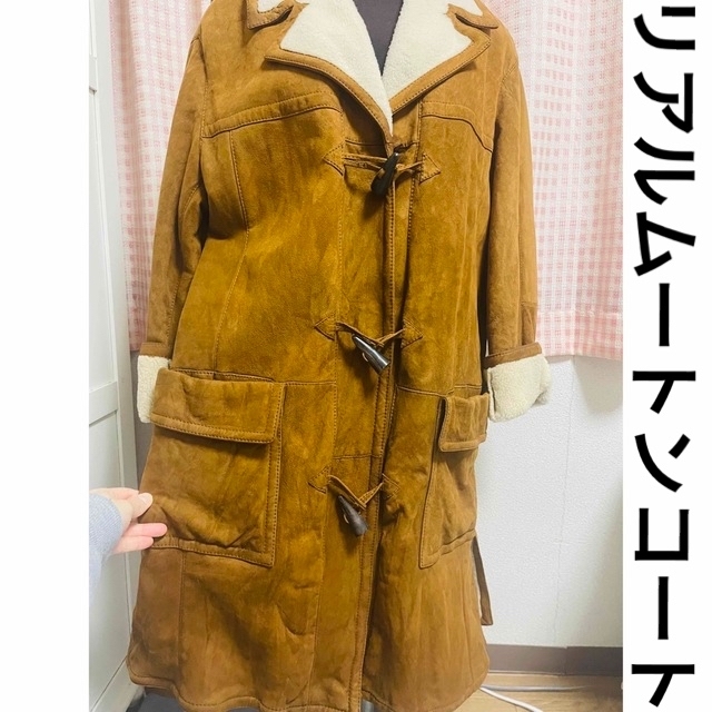 色移り有り トータリテ ノーカラー ムートン コート ベージュ ブラウン