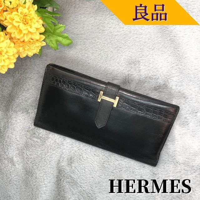 海外限定】 Hermes ○U刻印 G金具 ブラック クロコ ボックスカーフ