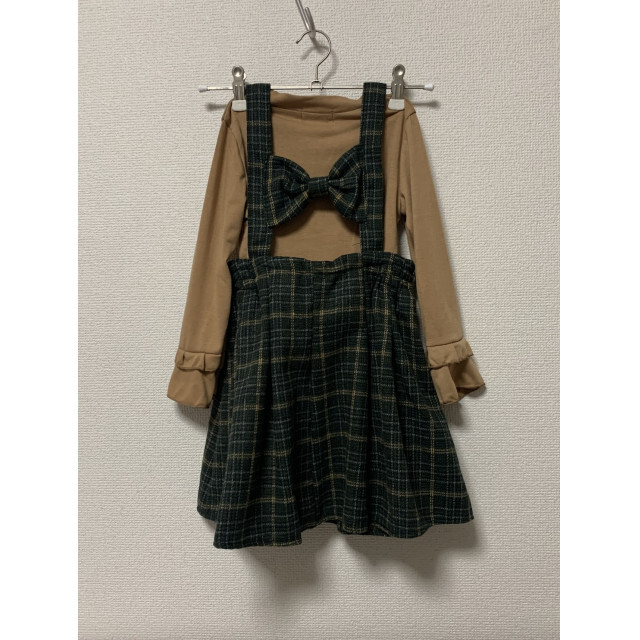 キッズ 女子 120 バックリボン チェック ワンピース 緑 ベージュ セット キッズ/ベビー/マタニティのキッズ服女の子用(90cm~)(ワンピース)の商品写真