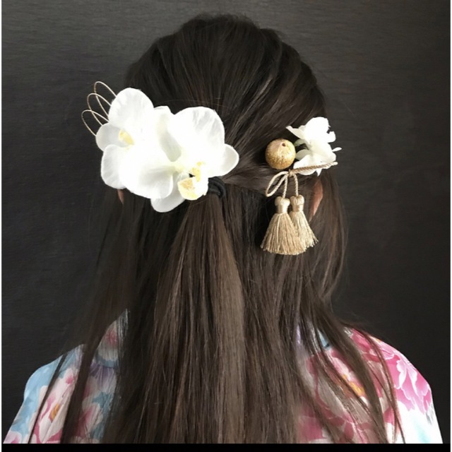 小学校　卒業式　小さめ　胡蝶蘭　タッセル　水引　髪飾り　袴　小学生　ホワイト　 ハンドメイドのアクセサリー(ヘアアクセサリー)の商品写真