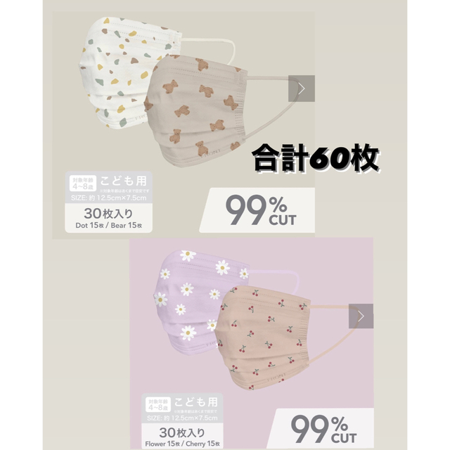 3COINS(スリーコインズ)のスリーコインズ　KIDS不織布マスク60枚入り　さくらんぼ柄花柄　くま柄ドット柄 キッズ/ベビー/マタニティの洗浄/衛生用品(その他)の商品写真