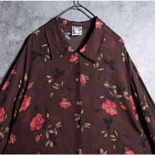 vintage ブラウン　花柄　フラワー　デザイン　シースルー　シアーシャツ(シャツ)