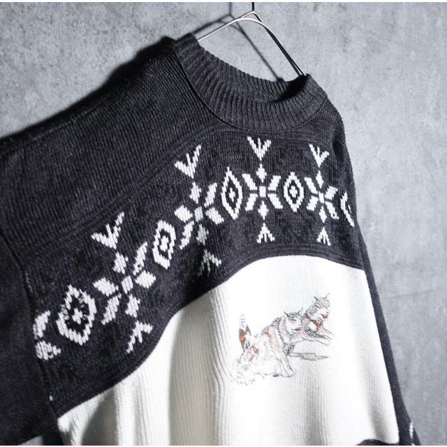 vintage ブラック　犬　ドッグ　刺繍　キャラ　幾何学模様　デザイン　ニット メンズのトップス(ニット/セーター)の商品写真