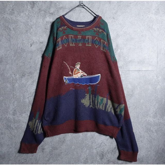 vintage エンジ　船　釣り人　刺繍　幾何学模様　デザイン　ニット メンズのトップス(ニット/セーター)の商品写真