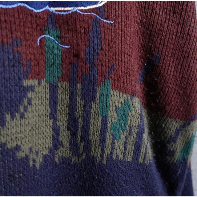 vintage エンジ　船　釣り人　刺繍　幾何学模様　デザイン　ニット メンズのトップス(ニット/セーター)の商品写真