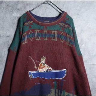 vintage エンジ　船　釣り人　刺繍　幾何学模様　デザイン　ニット(ニット/セーター)