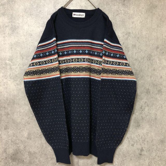 90s vintage ノルディック 柄ニット メンズ L ネイビー 個性派の通販