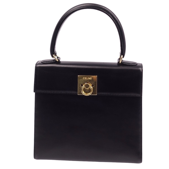 美品 Vintage セリーヌ CELINE バッグ ミニ ハンドバッグ カーフレザー ゴールド金具 レディース 鞄 ブラック約30cm