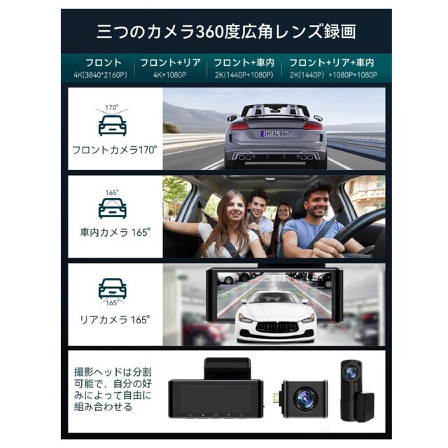 ドライブレコーダー 前後 車内 4K画質 カメラ3つ 360°広角レンズ