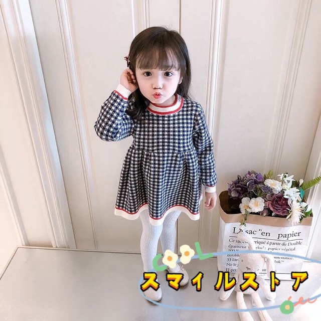 キッズワンピース　チェック柄　ニットワンピース　女の子服　ピンク110 キッズ/ベビー/マタニティのキッズ服女の子用(90cm~)(ワンピース)の商品写真