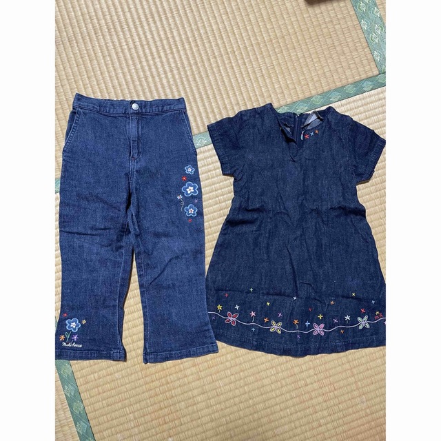 mikihouse(ミキハウス)のデニムワンピース、ズボン100センチ キッズ/ベビー/マタニティのキッズ服女の子用(90cm~)(ワンピース)の商品写真