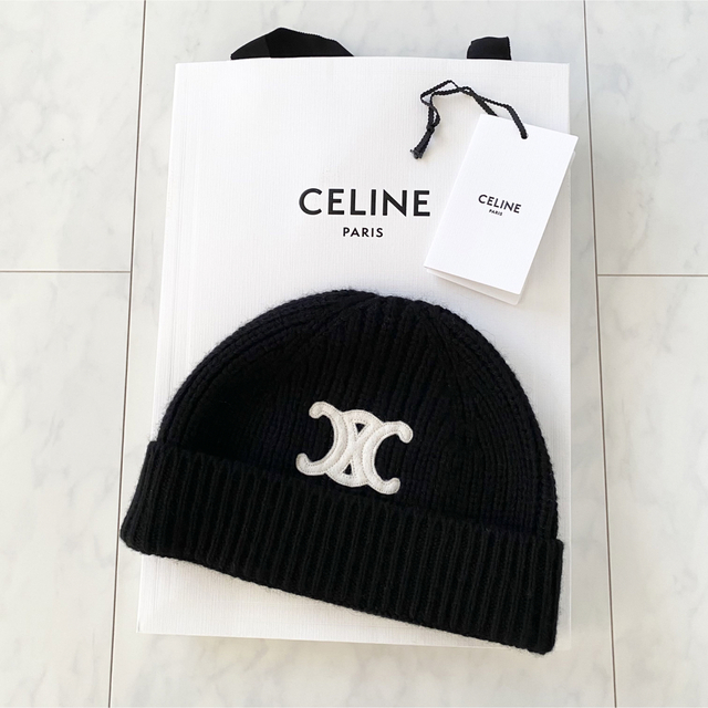 【サイズ交換ＯＫ】 celine - 新品 セリーヌ トリオンフ刺繍入り ニット帽 カシミア ニット帽+ビーニー