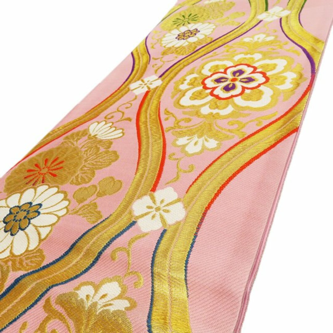 振袖用 立涌に花模様 菊 正絹 着物 袋帯 A816-14 【中古】 絶対一番