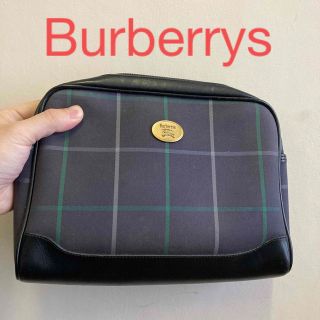 バーバリー(BURBERRY)の●レア● BURBERRYS 黒本革×紺チェック ヴィンテージ クラッチバッグ(クラッチバッグ)