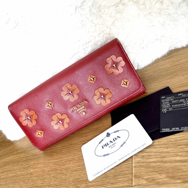 PRADA プラダ◆長財布 折り財布◆フラワー 花◆ピンク 赤 オレンジ