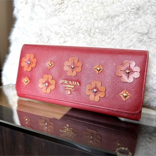 プラダ(PRADA)のPRADA プラダ◆長財布 折り財布◆フラワー 花◆ピンク 赤 オレンジ(財布)