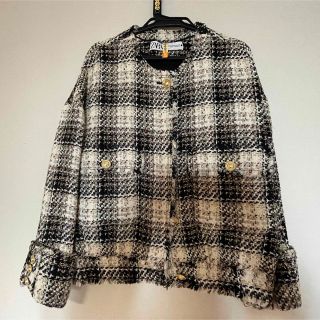 ZARA【Ｌサイズ】美品 ツイード コート ジャケット モノトーン ブルゾン