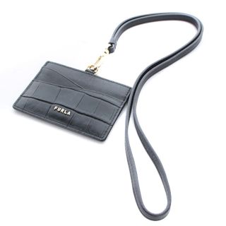 フルラ(Furla)のフルラ ネックストラップ付カードケース レザー 型押し ロゴ 黒(名刺入れ/定期入れ)