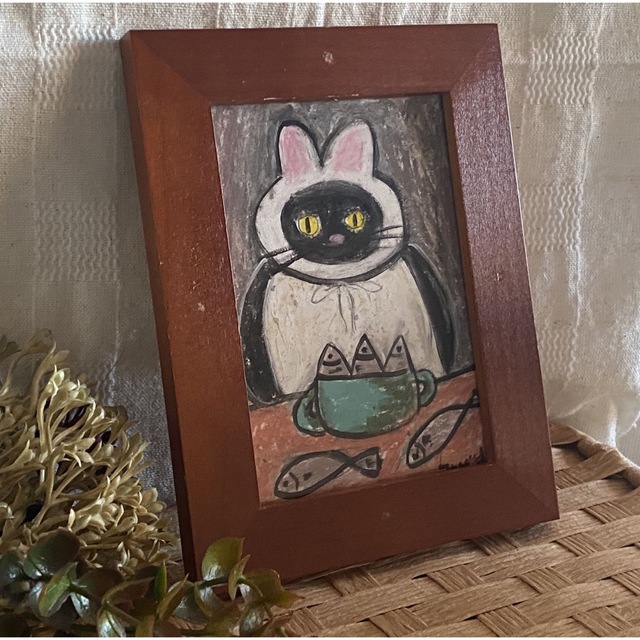 絵画。原画【黒猫はかわいいウサギのパジャマを着て、おいしい魚のすき焼き鍋を作る】 エンタメ/ホビーの美術品/アンティーク(絵画/タペストリー)の商品写真