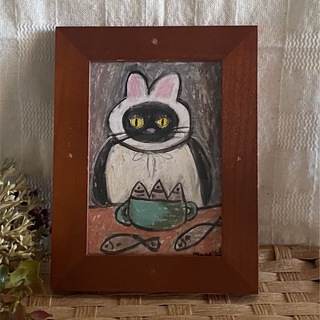 絵画。原画【黒猫はかわいいウサギのパジャマを着て、おいしい魚のすき焼き鍋を作る】(絵画/タペストリー)