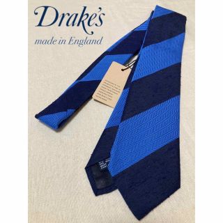 【新品】Drake's／ドレイクス／ネクタイ／段落ちストライプ／ネイビー×ブルー