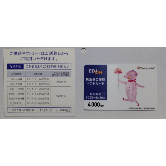 エディオン 株主優待カード 4000円分 2023年6月期限