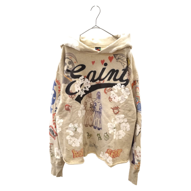 SAINT Mxxxxxx セント マイケル 22SS×DENIM TEARS HOODIE GRAFFITTI デニムティアーズ グラフィックプリント ヴィンテージ加工 プルオーバーパーカー フーディー グレー SM-S22-0000-083