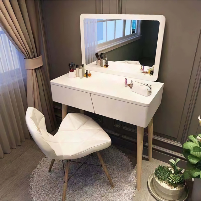 鏡台　ドレッサー　オシャレ北欧風　デスク  椅子付き 化粧台 ミラー 広い鏡