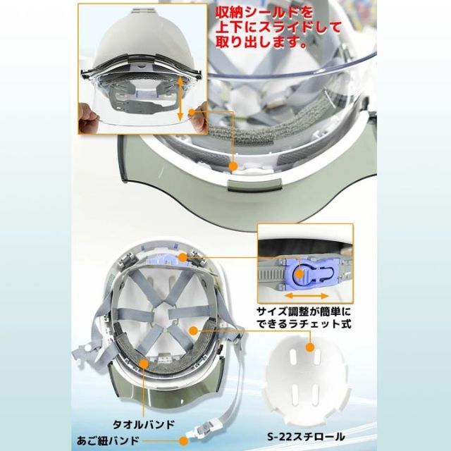 作業用ヘルメット 収納式シールド 遮熱バイザー 作業着 進和【SS-22FSV 