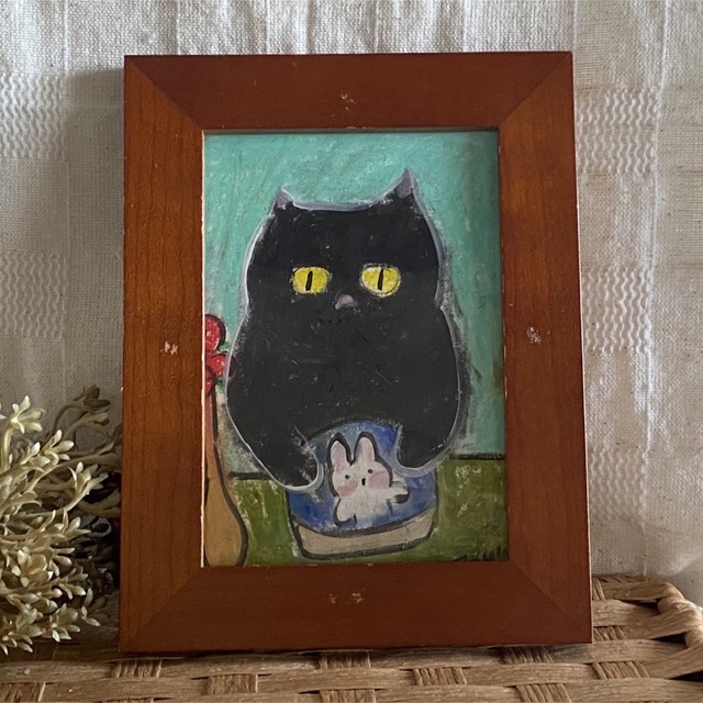 絵画。原画【黒猫はかわいい白いウサギに香りのよいお風呂に入っている】 エンタメ/ホビーの美術品/アンティーク(絵画/タペストリー)の商品写真