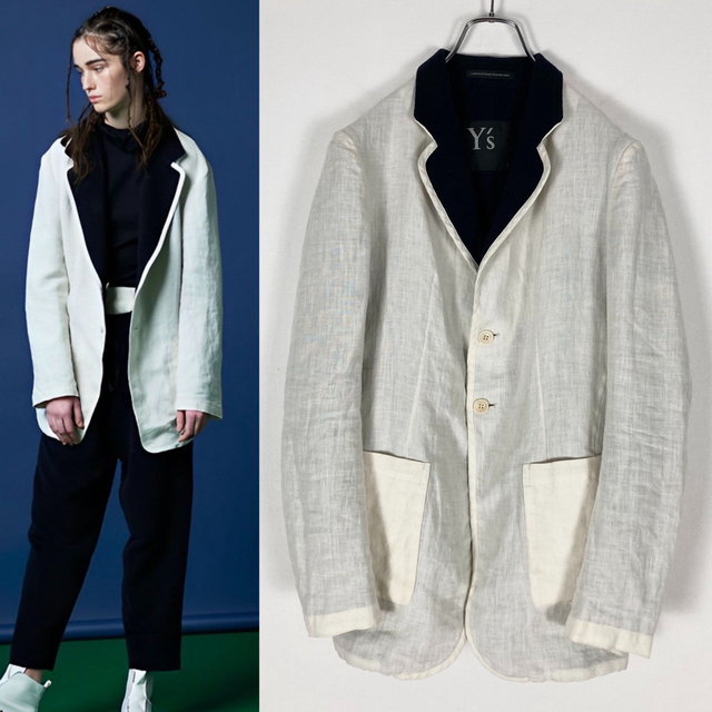 Y's 16AW リネン 異素材切替 リバーシブル 2Bジャケット 生成り紺2