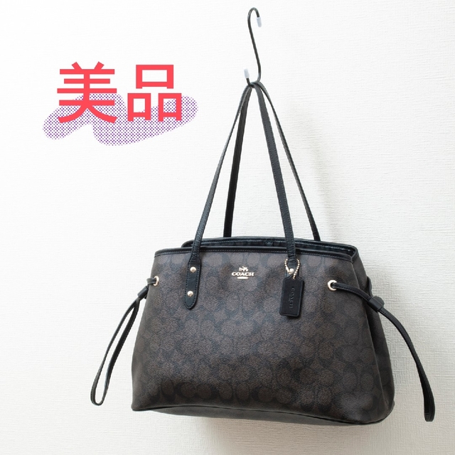 【極美品・人気】COACH　トートバッグ　黒　レザー　大容量　金ロゴ　PVC？