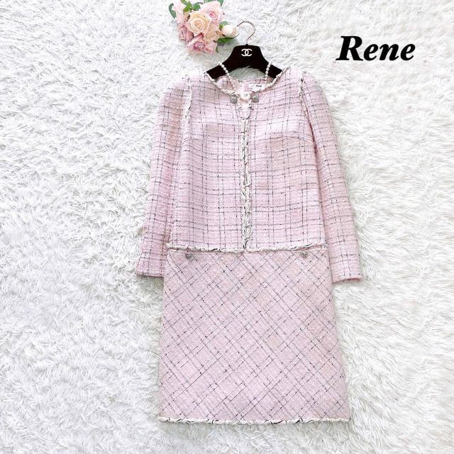 美品】Rene ツイードワンピース カメリア ひざ丈 長袖 ピンク 36 M-