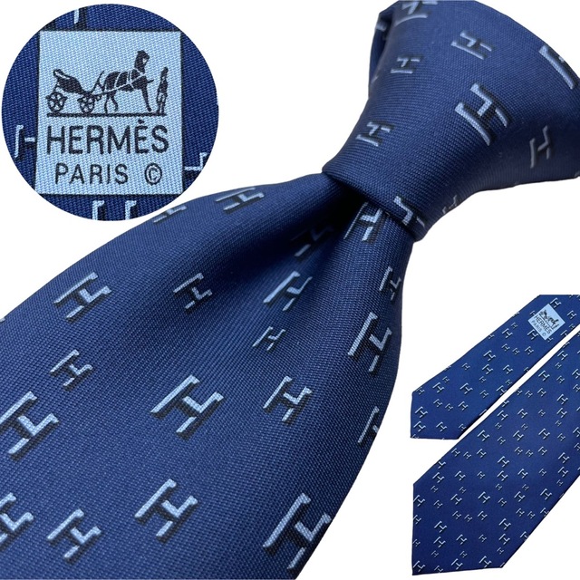 HERMES エルメス 総柄 グレー ブルー シルク100％ フランス