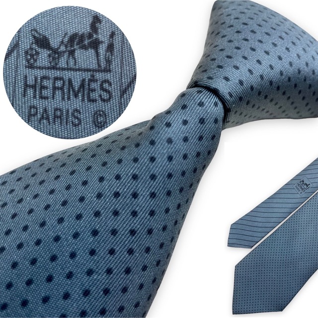 Hermes - HERMES エルメスドットストライプ柄ブランドフランス製ネクタイブルーグレー